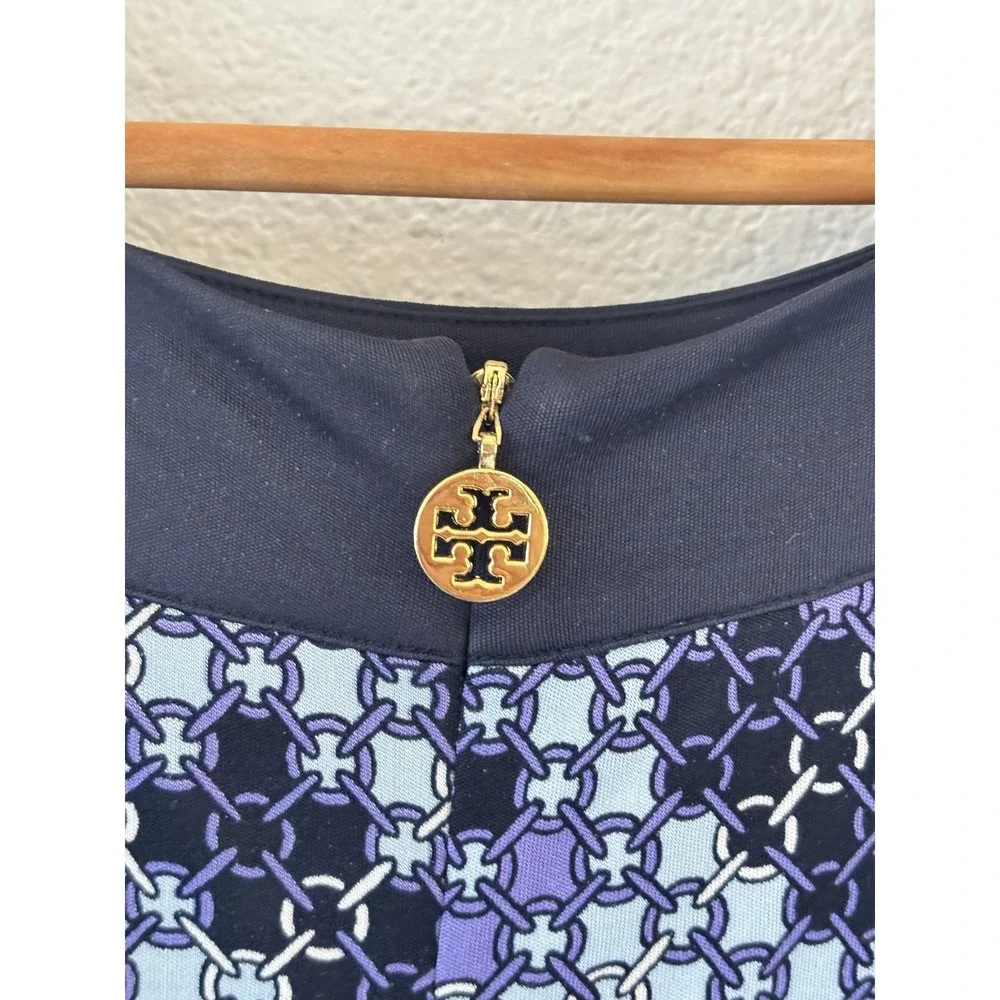 Tory Burch Silk Dress Womens M Black Purple Geometric Logo Quiet‎ Luxury